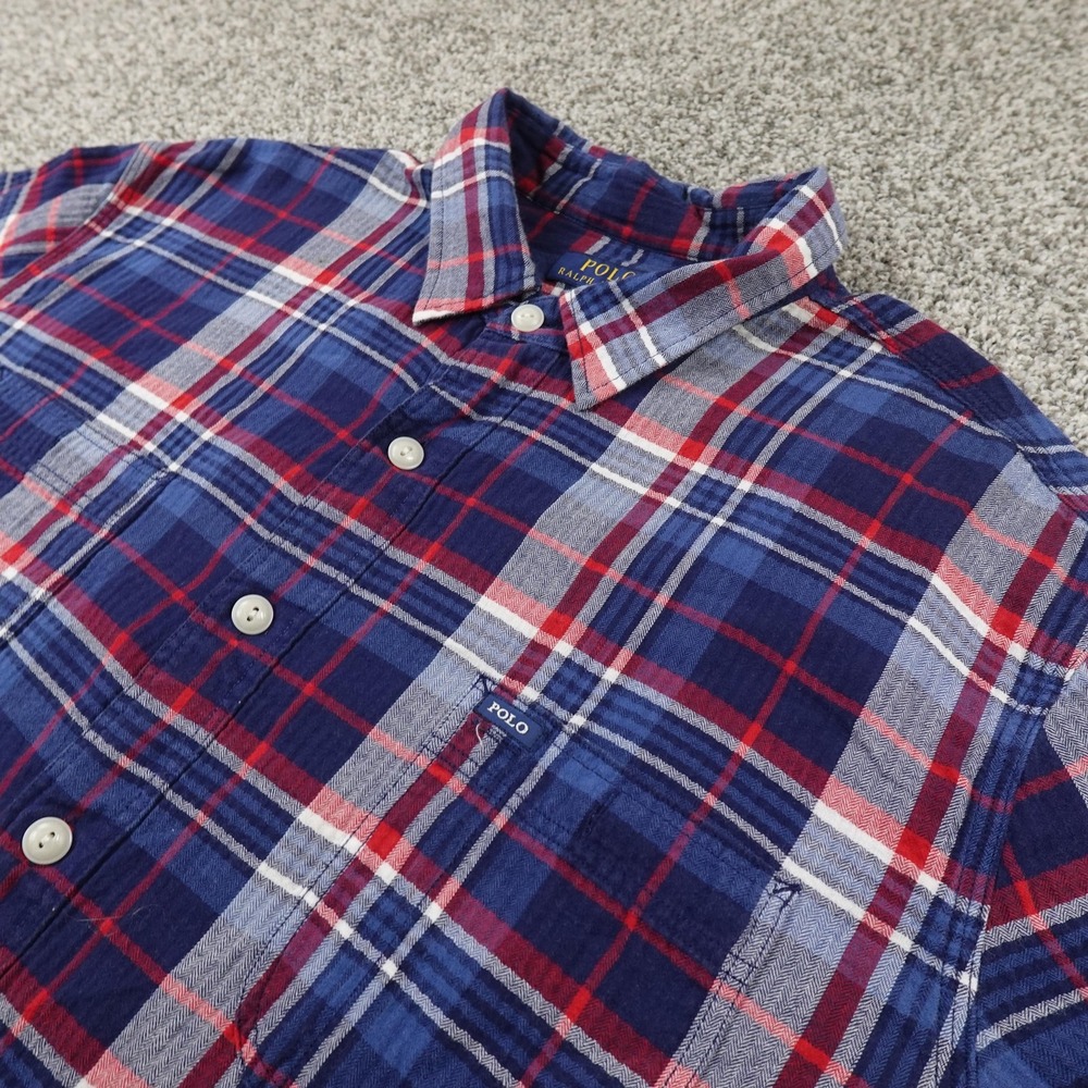 Polo Ralph Lauren‎ Shirt Mens 2XL Blue Red Plaid Herringbone Flannel Button Up